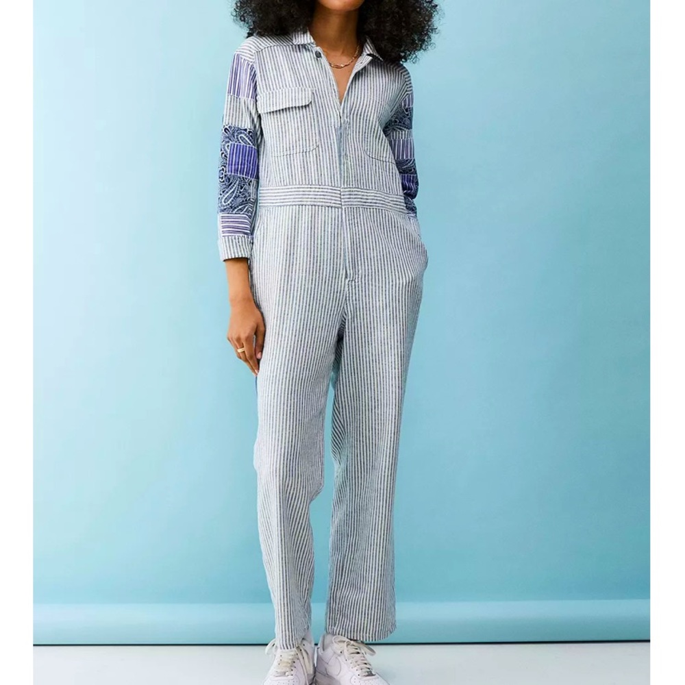 UO Danielle Linen Patchwork Coveralls Jumpsuit Vintage Railroad Chorecoat Medium